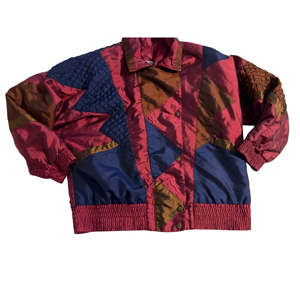 Vintage Windbreaker Patchwork‎ Geometric Magenta Blue Bronze Retro 80s 90s M